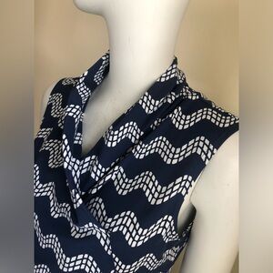 J. McLaughlin sleeveless top in blue and white faux wrap